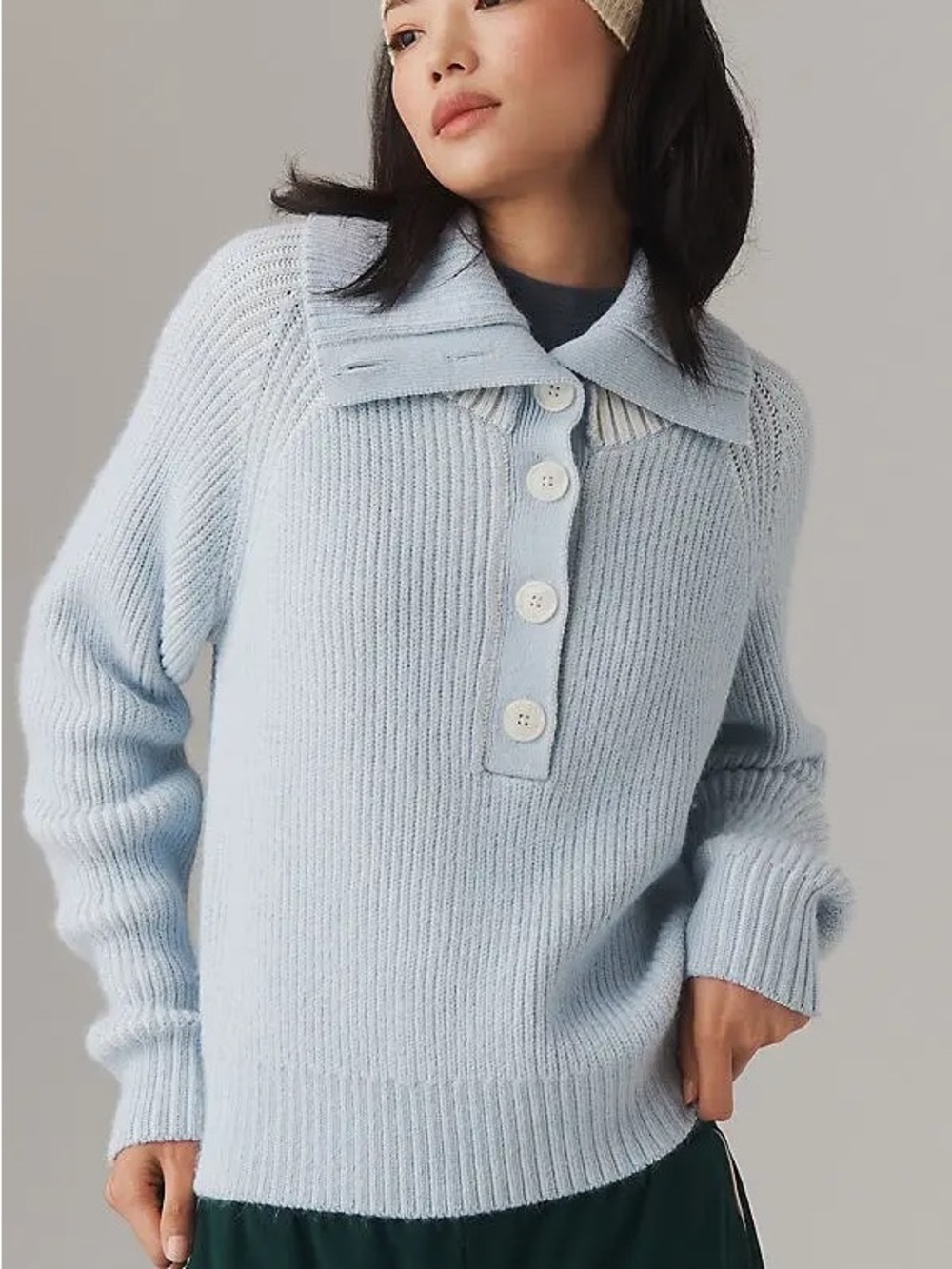LAST ONE‼️ Varley Anthropologie Filey Button Collared Sweater Blue Ribbed Knit
